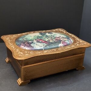 VGT, Florentine Wooden Jewelry Box with Gold Tone Finish And A Dancing Scene.
